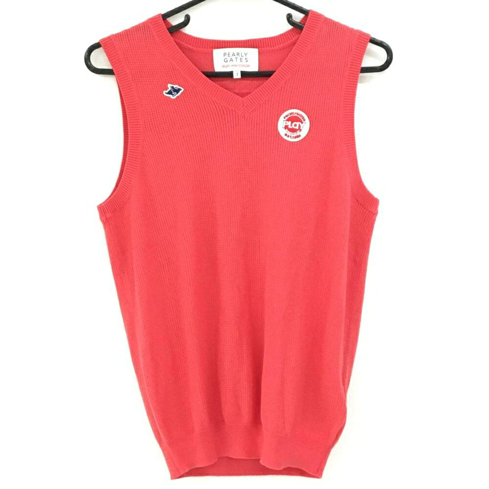 【美品】パーリーゲイツ ニットベスト レッド系 コットン100％ ワッペン Vネック レディース 2(L) ゴル..
