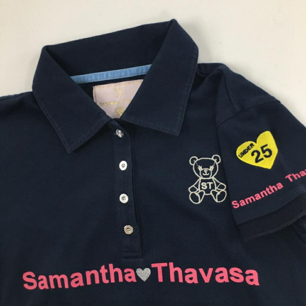 サマンサタバサUNDER25 半袖ポロシャツ ネイビー ベアラメ刺しゅう バックプリント レディース S ゴルフウェア Samantha Thavasa