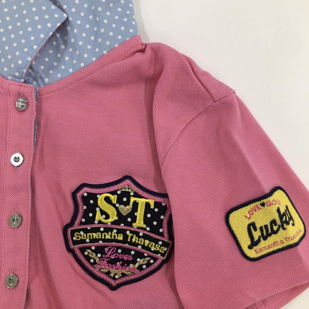 【美品】サマンサタバサUNDER25 半袖ポロシャツ ピンク×イエロー 背面プリント 襟裏ドット レディース M ゴルフウェア Samantha Thavasa