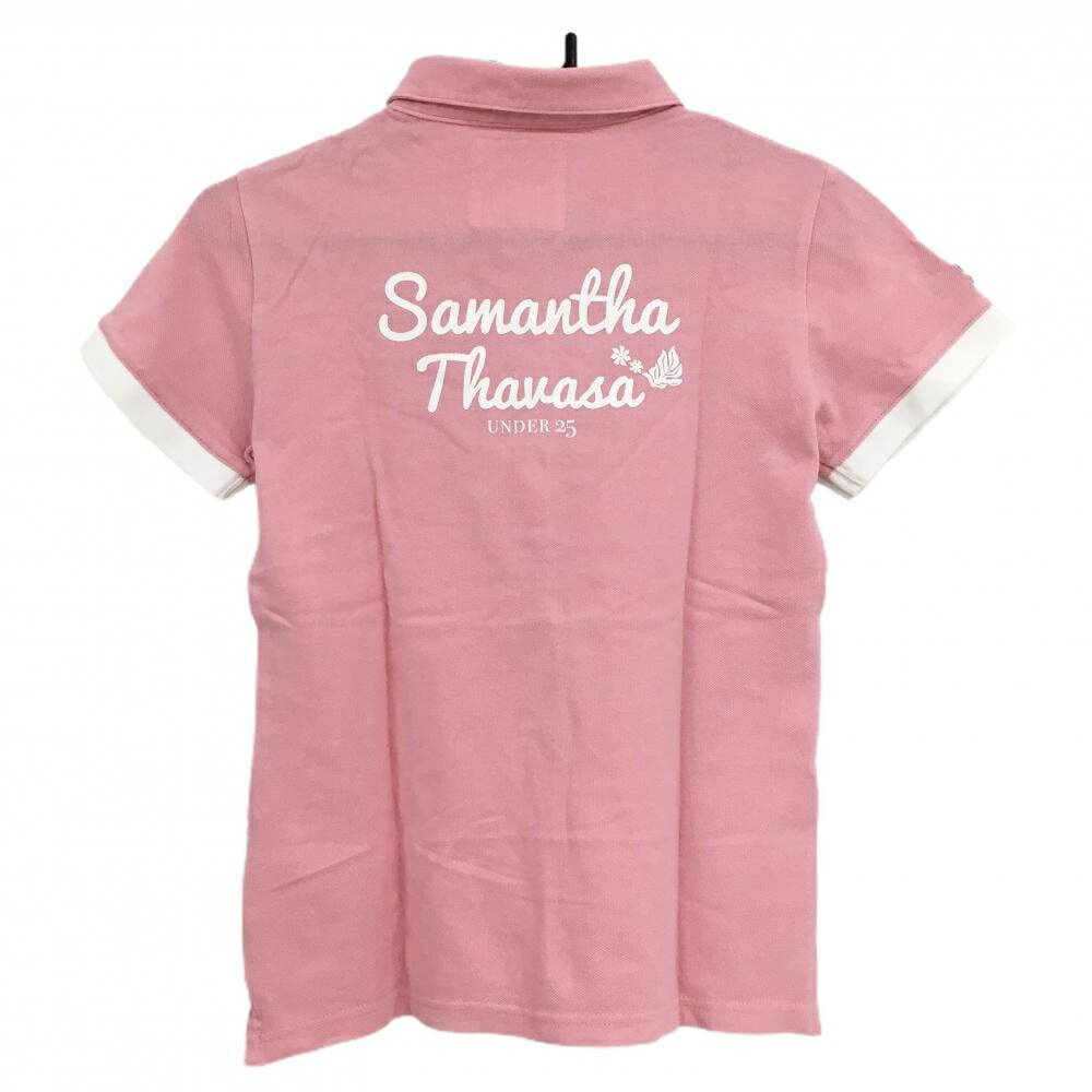 【美品】サマンサタバサUNDER25 半袖ポロシャツ ピンク×白 背面プリント ベアワッペン レディース M ゴルフウェア Samantha Thavasa