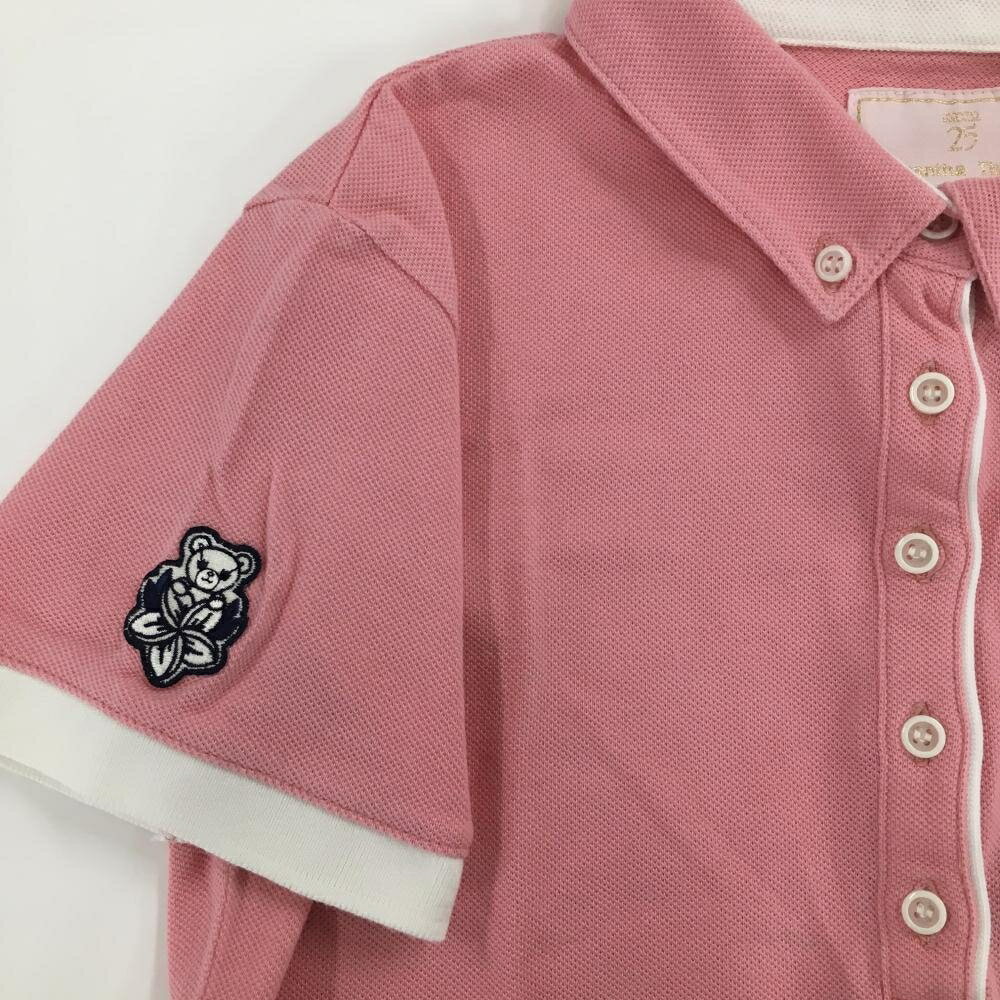 【美品】サマンサタバサUNDER25 半袖ポロシャツ ピンク×白 背面プリント ベアワッペン レディース M ゴルフウェア Samantha Thavasa