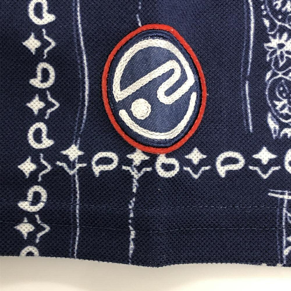 【超美品】ロサーセン 半袖ポロシャツ ネイビー×白 総柄 袖ロゴワッペン メンズ M ゴルフウェア Rosasen