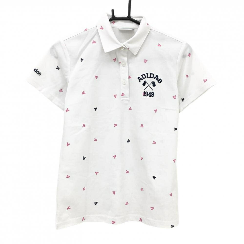 【超美品】アディダス 半袖ポロシャツ 白×ピンク アルファベット総柄 ロゴ刺しゅう レディース M ゴルフウェア adidas