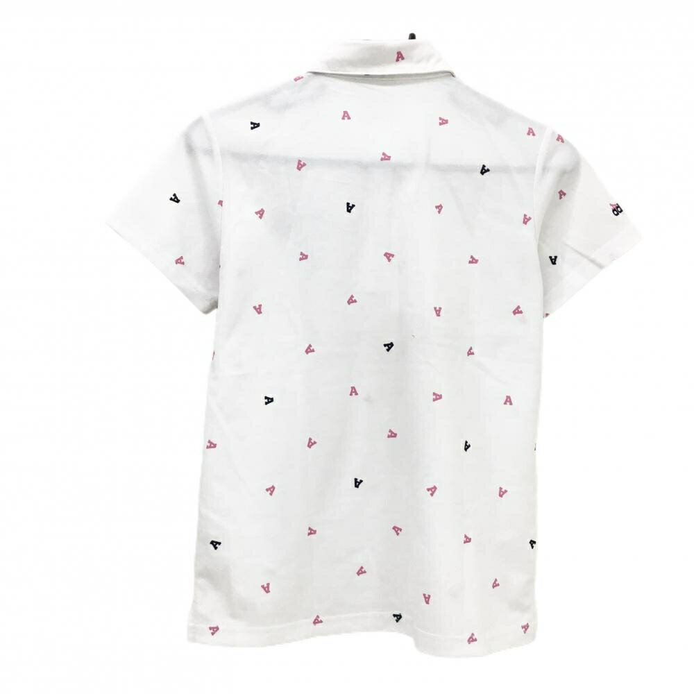 【超美品】アディダス 半袖ポロシャツ 白×ピンク アルファベット総柄 ロゴ刺しゅう レディース M ゴルフウェア adidas