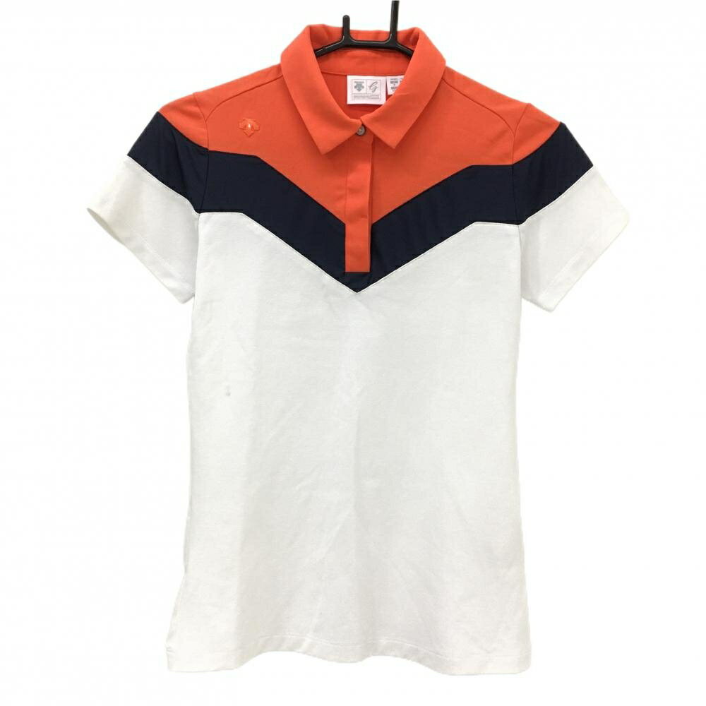 デサントゴルフ 半袖ポロシャツ オレンジ×白 肩ロゴ 中田英寿 レディース M ゴルフウェア DESCENTE