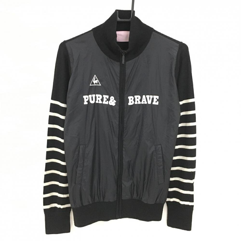 【美品】ルコックゴルフ 切替ニットジャケット 黒×白 袖ボーダー柄 胸元ロゴ ウール混 レディース M ゴルフウェア le coq sportif