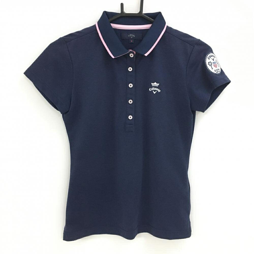 キャロウェイ 半袖ポロシャツ ネイビー×ピンク 袖ワッペン レディース M ゴルフウェア Callaway