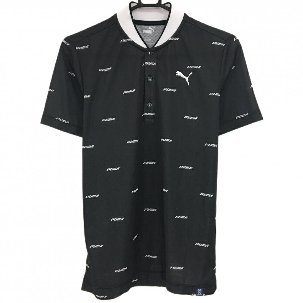 PUMA - 【超美品】プーマ 半袖ポロシャツ 黒×白 ロゴ総柄 スタンドカラー メンズ S ゴルフウェア PUMA