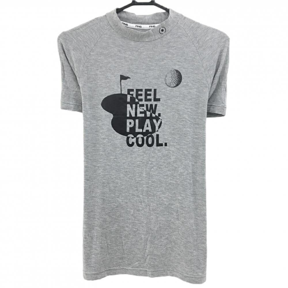 【美品】ピン 半袖ハイネックシャツ グレー×黒 フロントプリント レディース L ゴルフウェア PING