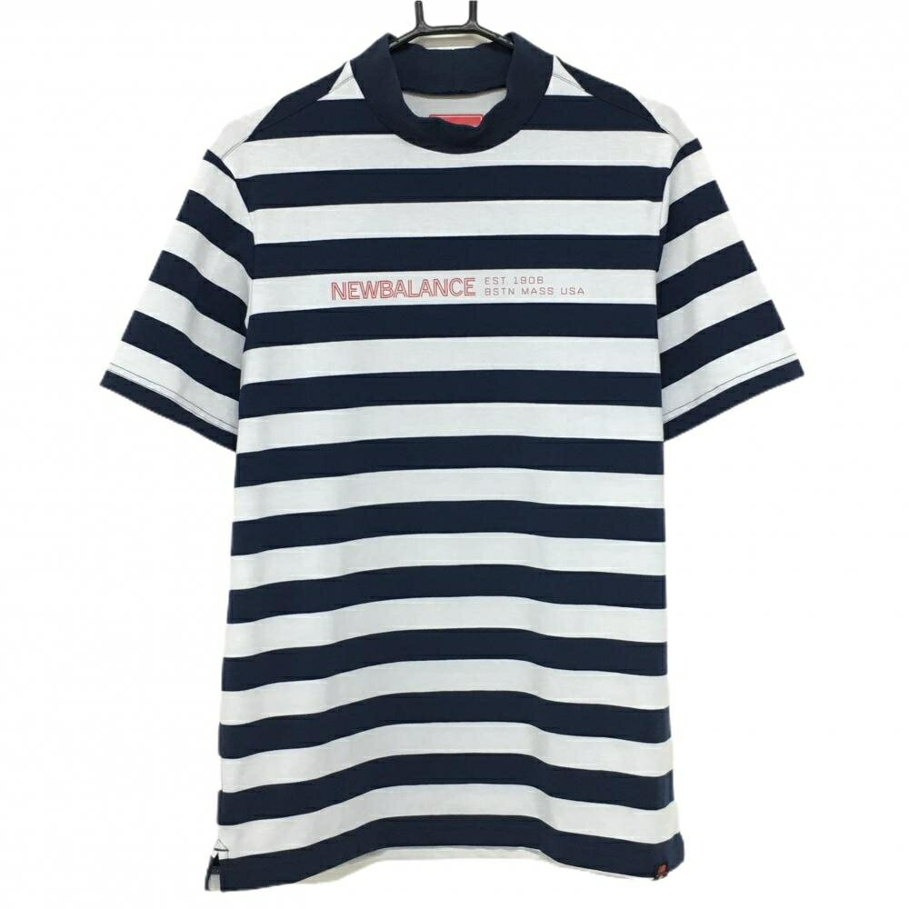 Other - 【美品】ニューバランスゴルフ 半袖ハイネックシャツ ネイビー×白 ボーダー 胸元ロゴ メンズ 6(XL) ゴルフウェア New Balance