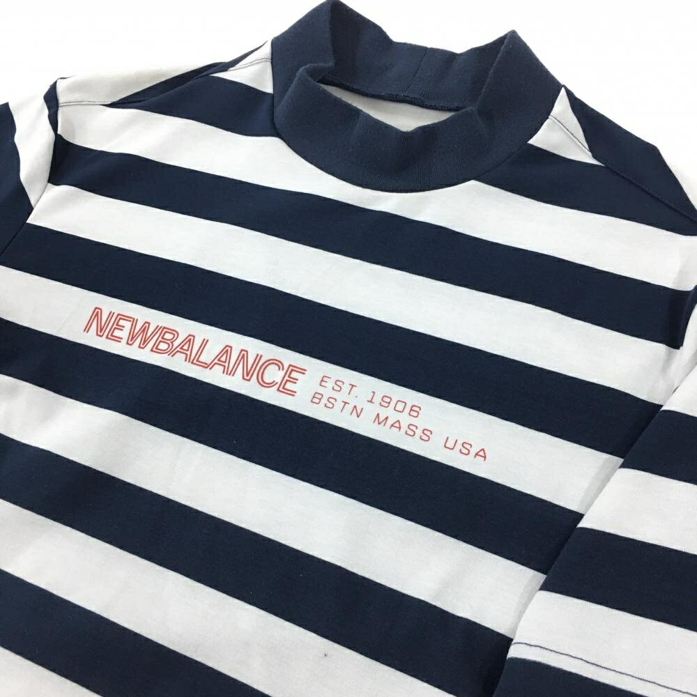 【ポイント10倍！楽天スーパーセール期間限定】【美品】ニューバランスゴルフ 半袖ハイネックシャツ ネイビー×白 ボーダー 胸元ロゴ メンズ 6(XL) ゴルフウェア New Balance