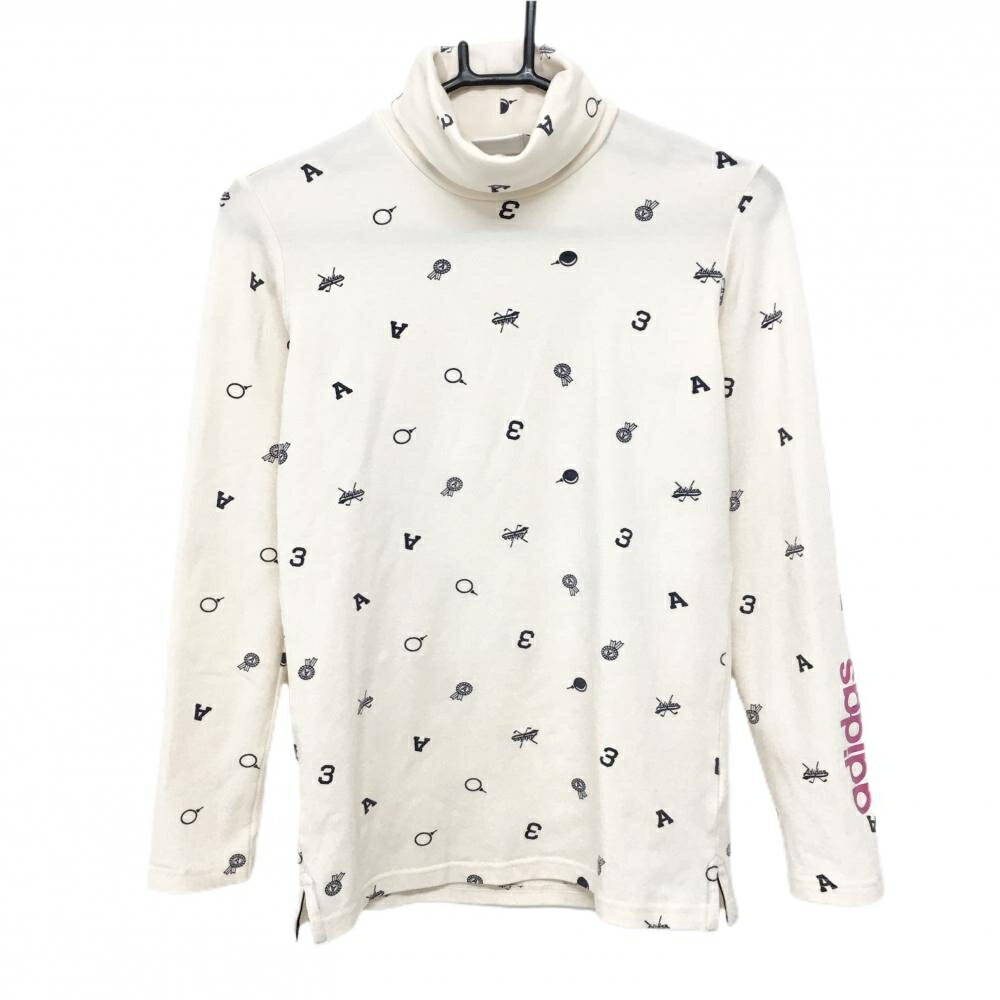 【美品】アディダス 長袖タートルネックシャツ ライトベージュ×ネイビー 総柄 袖ロゴ レディース M/M ゴルフウェア adidas