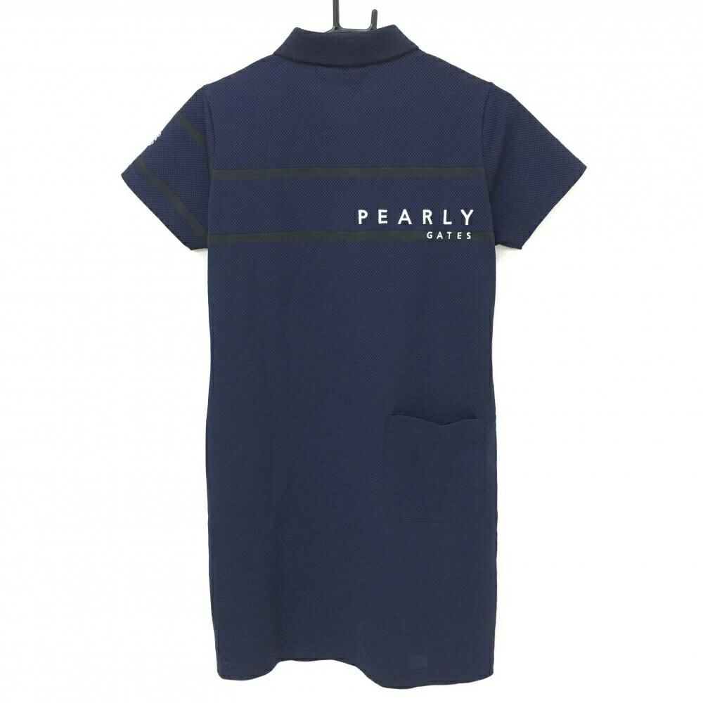 【超美品】パーリーゲイツ 半袖ポロワンピース ネイビー×黒 総柄織生地 胸ロゴ レディース 1(M) ゴルフウェア 2023年モデル PEARLY GATES