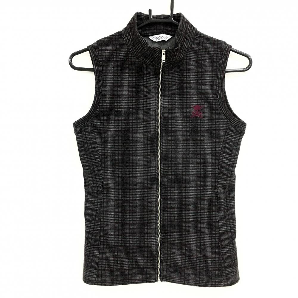 【美品】チュクチュスポーツ ジップベスト グレー×ボルドー チェック 韓国モデル スカル 裏微起毛 レデ..