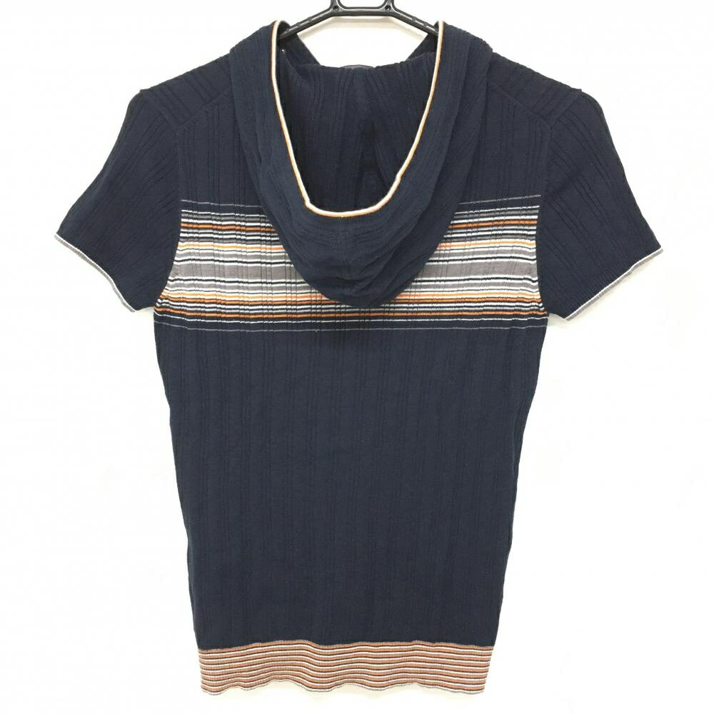 【美品】23区スポーツ フード付き半袖セーター ネイビー×オレンジ×グレー パーカー ニット レディース II(L) ゴルフウェア 23区