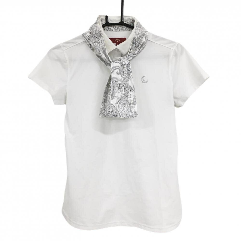 キャロウェイ レッドレーベル 半袖ポロシャツ 白 ロゴラインストーン 一部柄 りぼん付 レディース M ゴ..