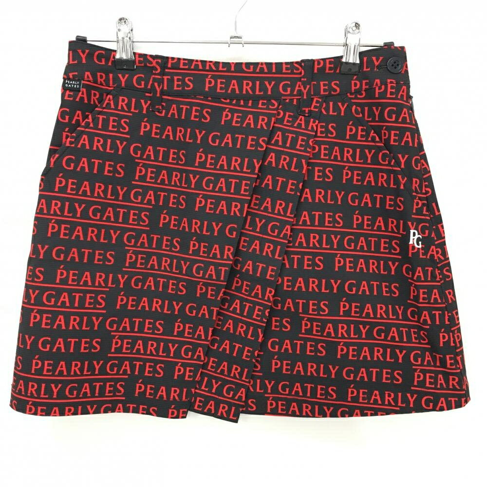 【新品】パーリーゲイツ スカート 黒×レッド ロゴ総柄 刺しゅう白 レディース 1(M) ゴルフウェア PEARL..