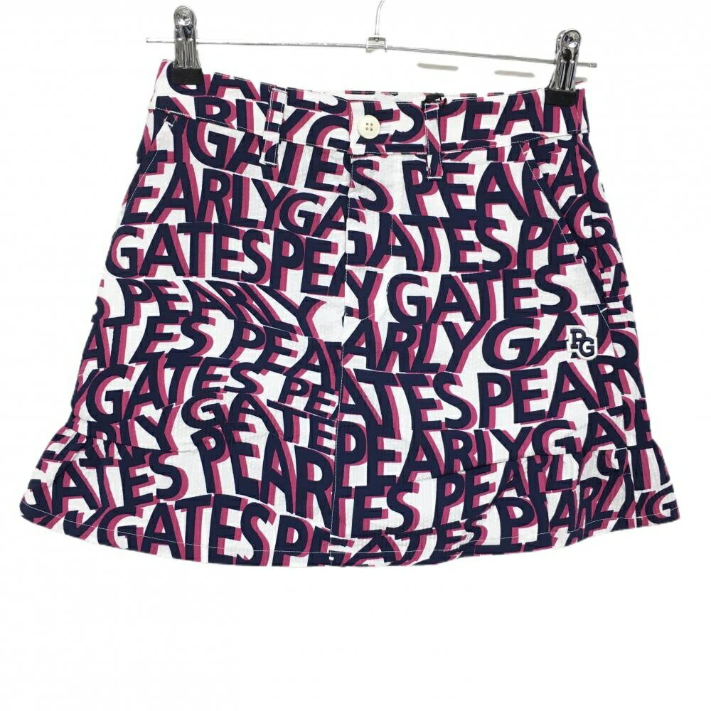 【新品】パーリーゲイツ スカート 白×ネイビー ロゴ英字総柄 サッカー生地 レディース 00(XS) ゴルフウ..