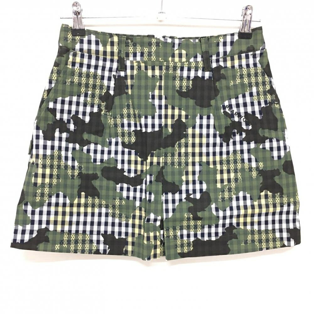 【新品】パーリーゲイツ スカート 白×カーキ チェック カモフラ調 バックファスナーリボン レディース ..