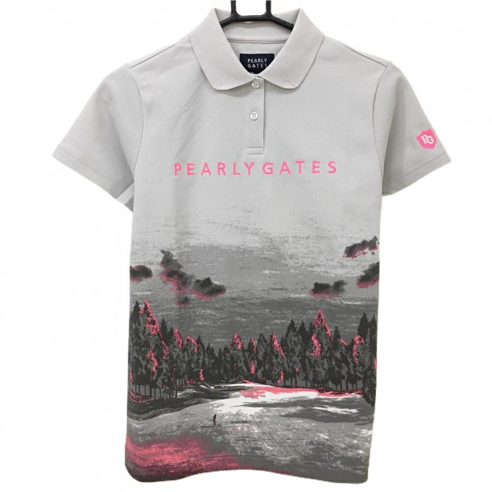 PEARLY GATES - 【新品】パーリーゲイツ 半袖ポロシャツ グレー×ピンク 絵 丸襟 ロゴ刺しゅう レディース 1(M) ゴルフウェア PEARLY GATES