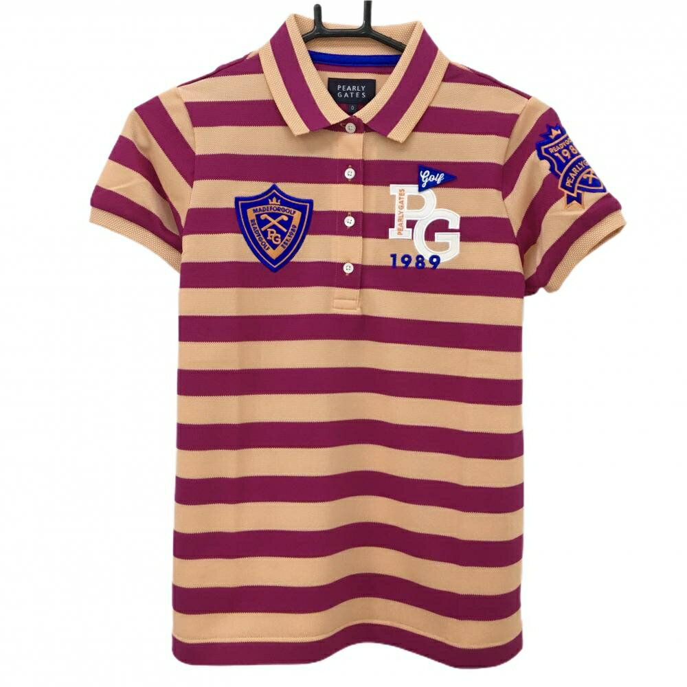 【新品】パーリーゲイツ 半袖ポロシャツ ライトオレンジ×パープル ボーダー ロゴ刺しゅう レディース 0..