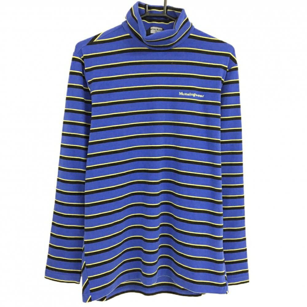 【美品】マンシングウェア 長袖ハイネックシャツ ブルー×黒 ボーダー ロゴ刺しゅう 微起毛 メンズ ゴルフウェア Munsingwear