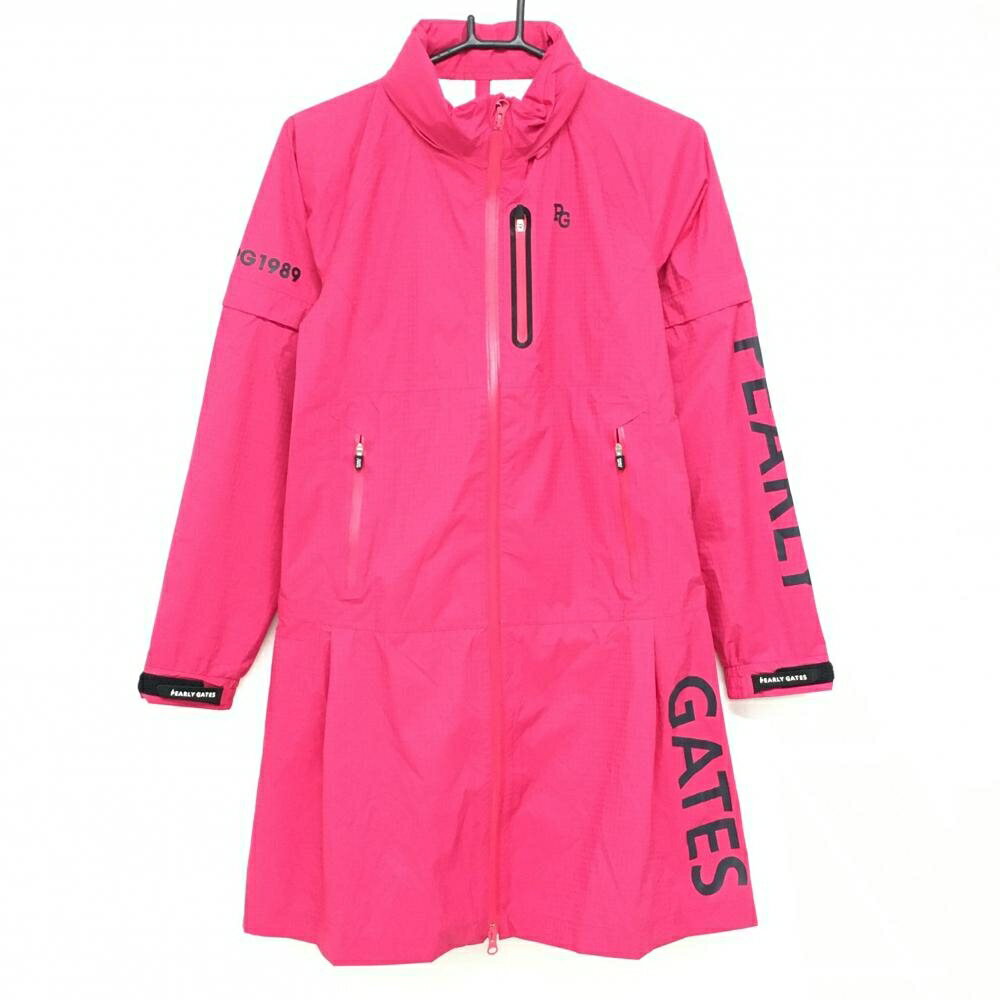 【新品】パーリーゲイツ 2WAYレインワンピース ピンク×ネイビー 地模様 袖着脱可 フード付 レディース ..