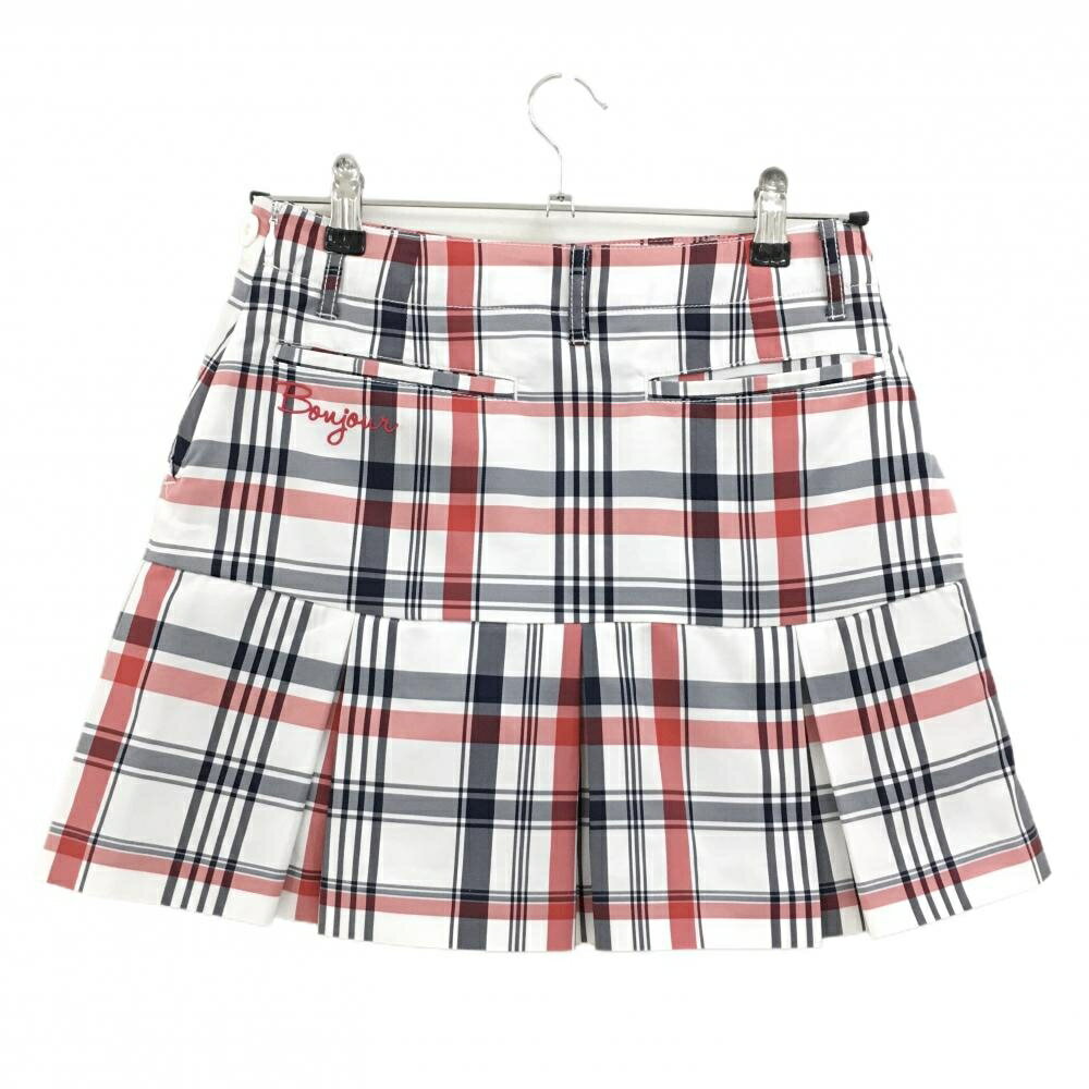 【美品】ルコックゴルフ プリーツスカート 白×ネイビー チェック柄 裾ロゴ レディース 9 ゴルフウェア le coq sportif