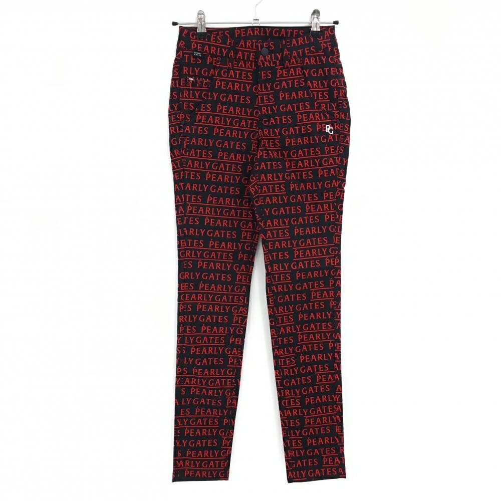 【新品】パーリーゲイツ パンツ 黒×レッド ロゴ総柄 刺しゅう白 レディース 00(XS) ゴルフウェア PEARL..