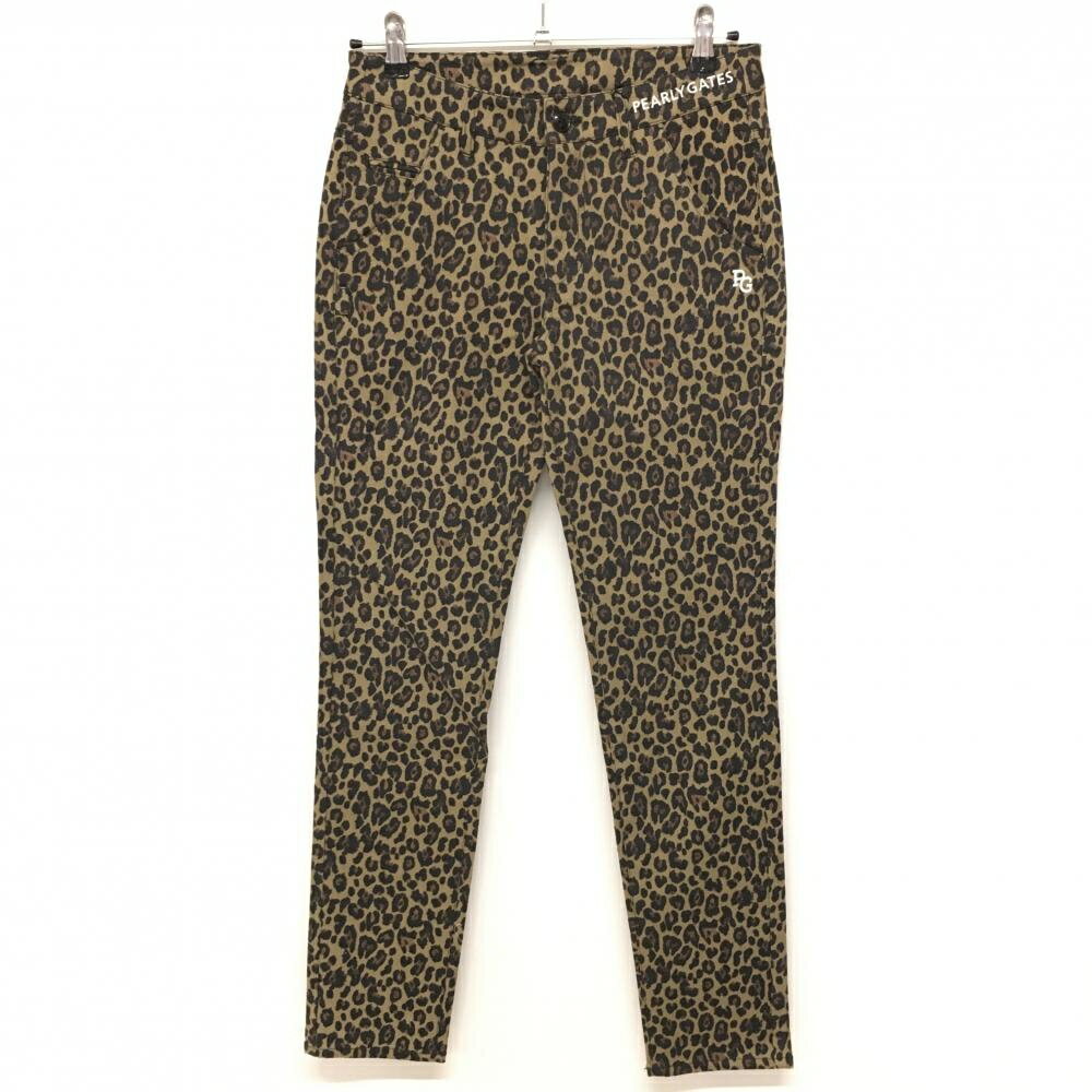 【新品】パーリーゲイツ パンツ ベージュ系×黒 レオパード ロゴ白 ストレッチ レディース 1(M) ゴルフ..