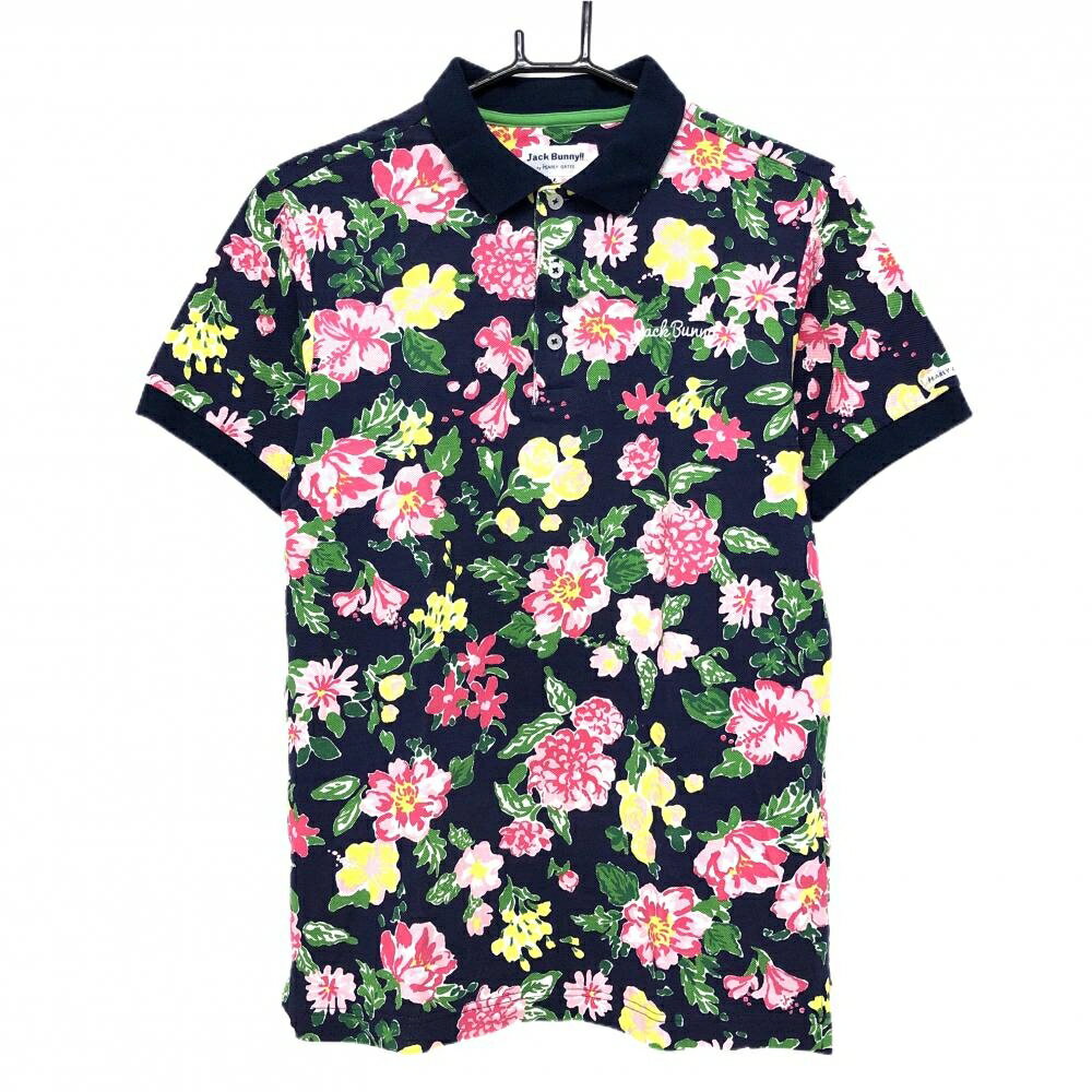 乐天商城 - 【超美品】ジャックバニー 半袖ポロシャツ ネイビー×ピンク×イエロー 花柄 コットン100％ メンズ 4(M) ゴルフウェア Jack Bunny
