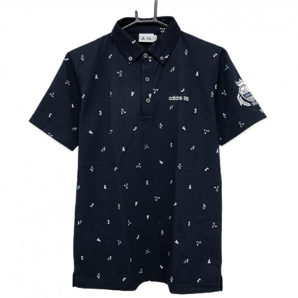Other - 【超美品】アディダス 半袖ポロシャツ ネイビー×白 総柄 英字 数字 ボタンダウン メンズ S/P ゴルフウェア adidas