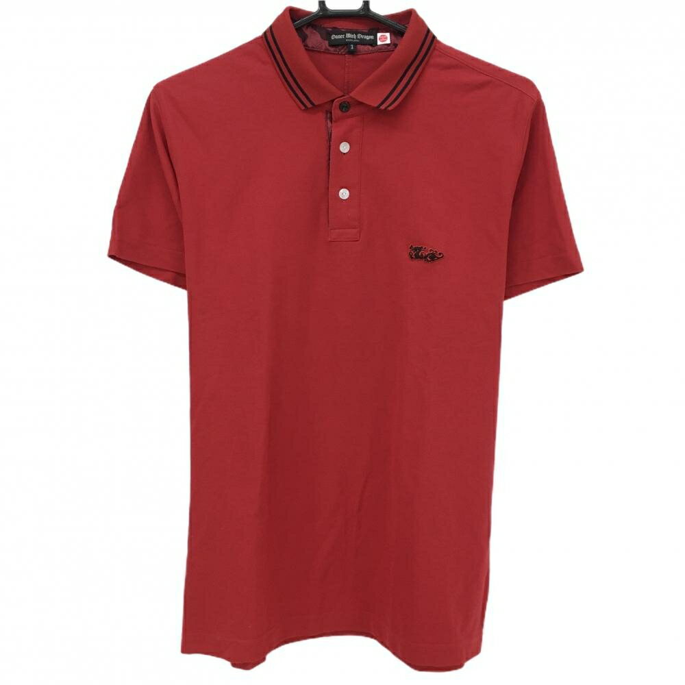 【超美品】ダンスウィズドラゴン 半袖ポロシャツ レッド 襟ライン ドラゴン刺しゅう メンズ 3(L) ゴルフウェア Dance With Dragon