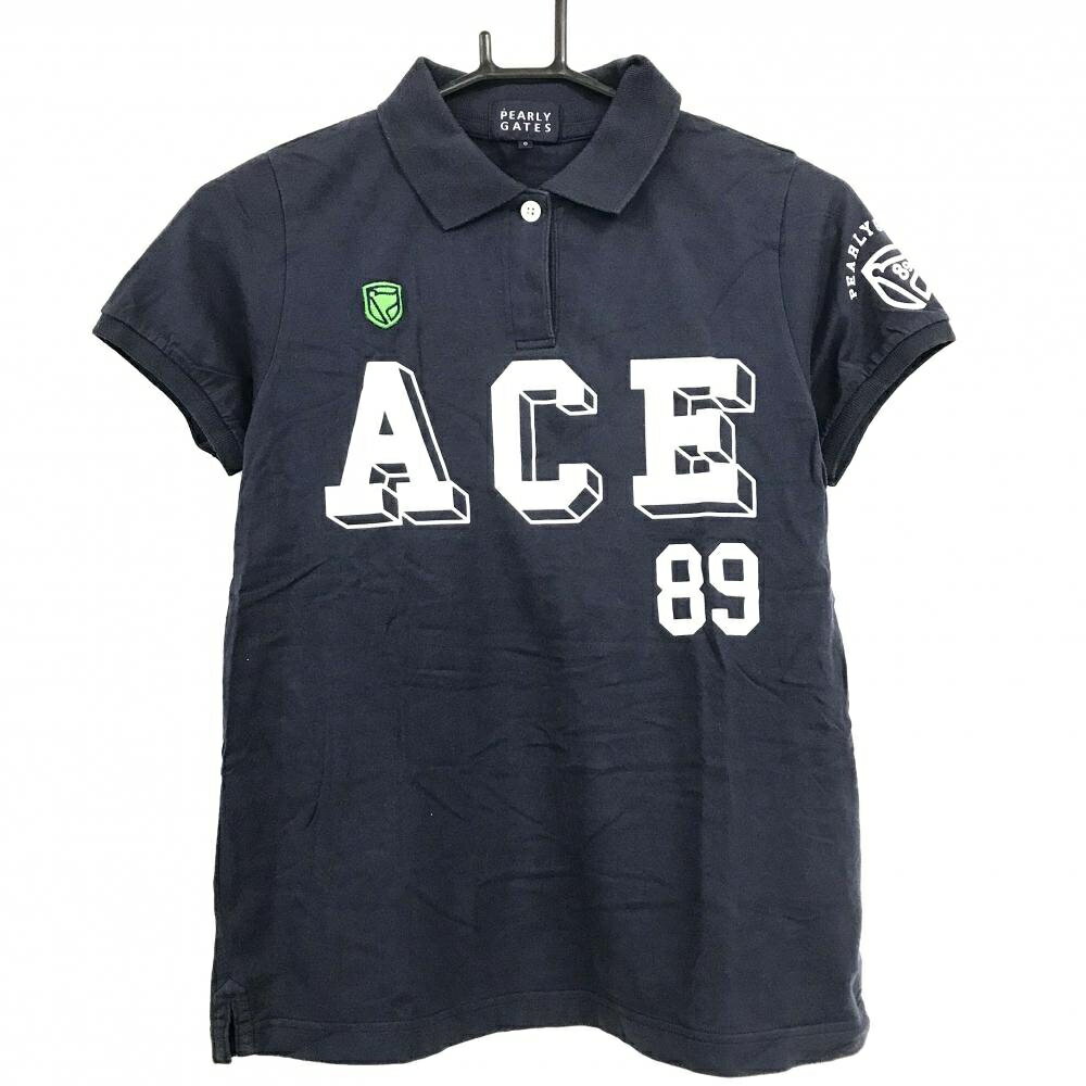 パーリーゲイツ 半袖ポロシャツ ネイビー×白 フロントロゴプリント レディース 0(S) ゴルフウェア PEARLY GATES