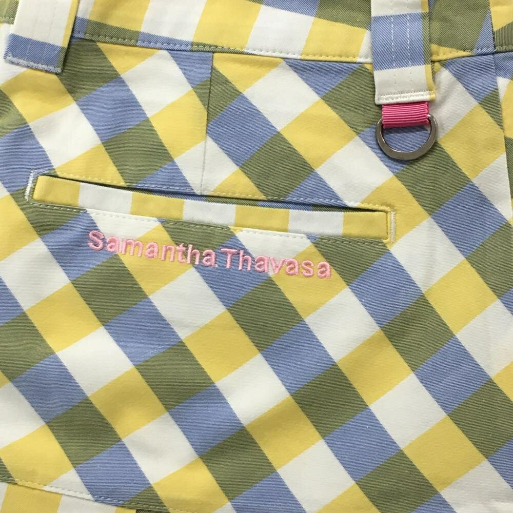 【超美品】サマンサタバサ スカート イエロー×ライトブルー チェック 裾プリーツ レディース M ゴルフウェア Samantha Thavasa