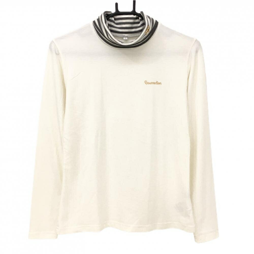 【超美品】レザレクション 長袖タートルネックシャツ 白×グレー 微起毛 ネックボーダー レディース L ゴルフウェア Resurrection
