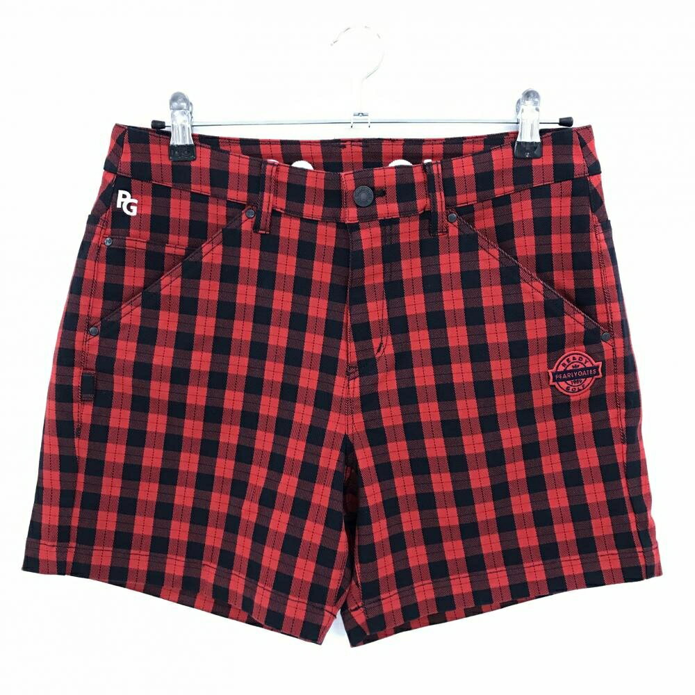 【新品】パーリーゲイツ ショートパンツ レッド×ダークネイビー チェック柄 ロゴ白 レディース 2(L) ゴルフウェア PEARLY GATES