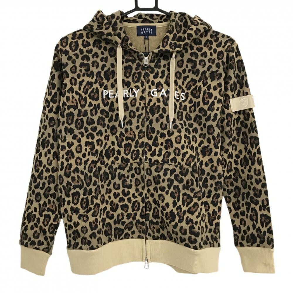 【新品】パーリーゲイツ ジップパーカー ベージュ×黒 レオパード ロゴ刺しゅう レディース 0(S) ゴルフウェア PEARLY GATES