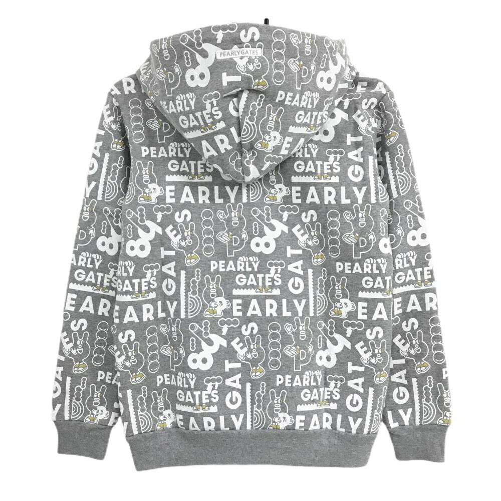 【新品】パーリーゲイツ ジップパーカー グレー×白 ロゴ総柄 どうしちゃったPG 裏起毛 レディース 0(S) ゴルフウェア PEARLY GATES