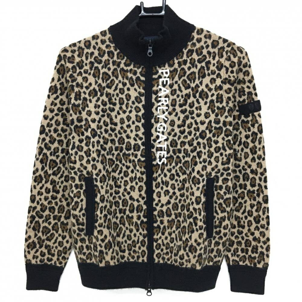 【新品】パーリーゲイツ ニットジャケット ライトブラウン×黒 レオパード柄 カシミヤ混 レディース 0(S) ゴルフウェア PEARLY GATES