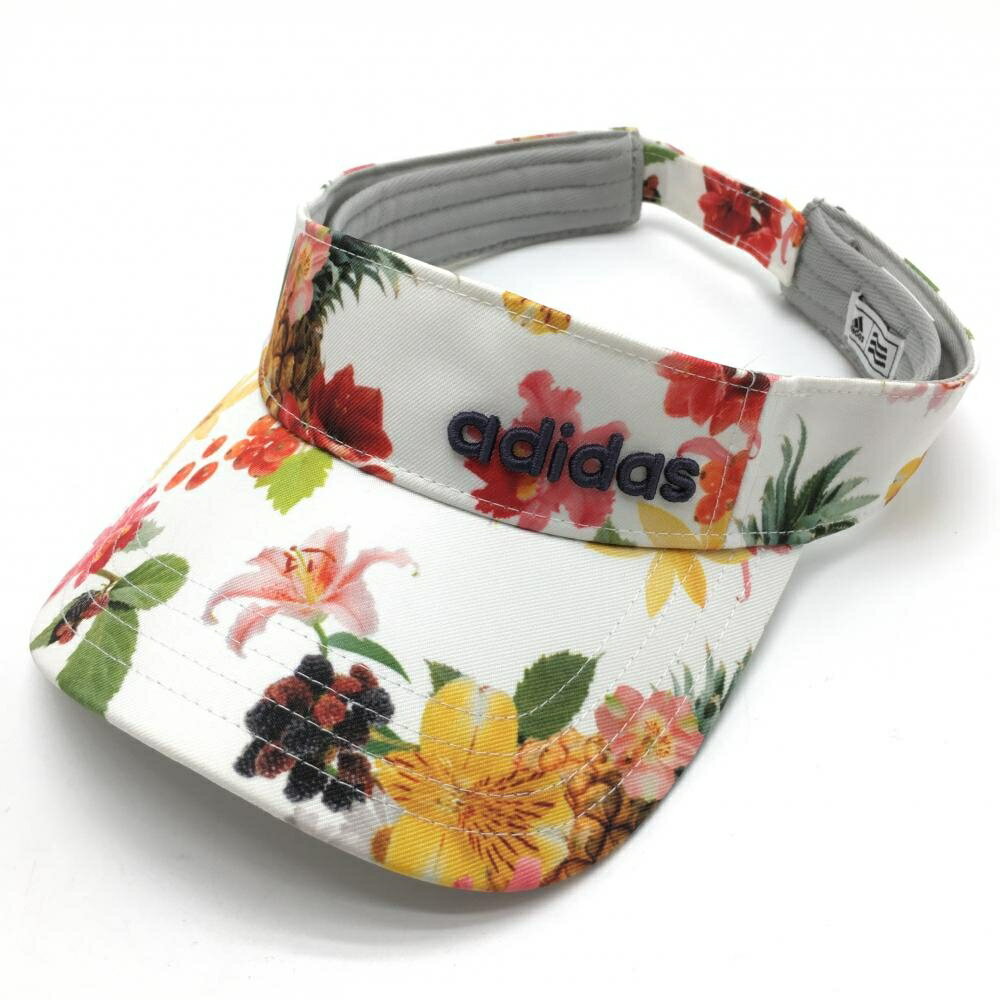 【超美品】アディダス サンバイザー 白×マルチカラー 花柄 立体ロゴ フリー(56-58cm) ゴルフウェア adi..
