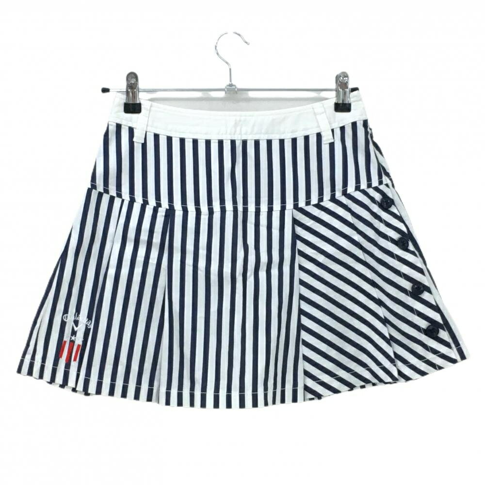 【美品】キャロウェイ プリーツスカート 白×ネイビー ストライプ 裾ロゴ レディース S ゴルフウェア Callaway