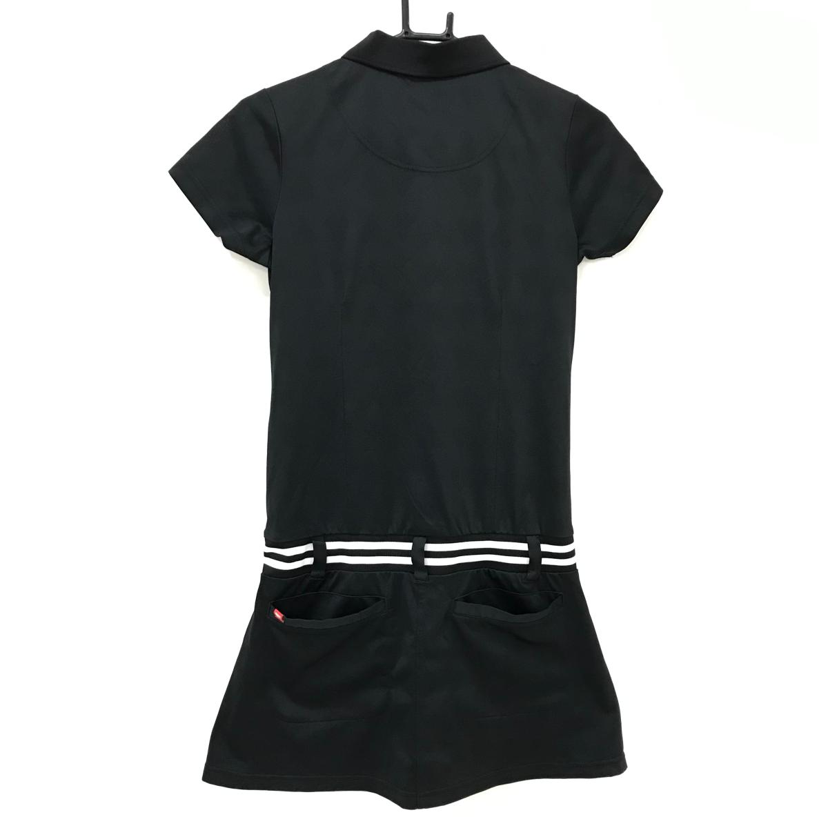 【超美品】フィラゴルフ 半袖ポロワンピース 黒 ハート柄地模様 ティー装着可 レディース M ゴルフウェア FILA GOLF