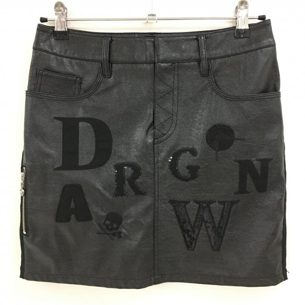 【超美品】ダンスウィズドラゴン スカート 黒 前後切替 フロントロゴ・合皮調 レディース 2(M) ゴルフ..