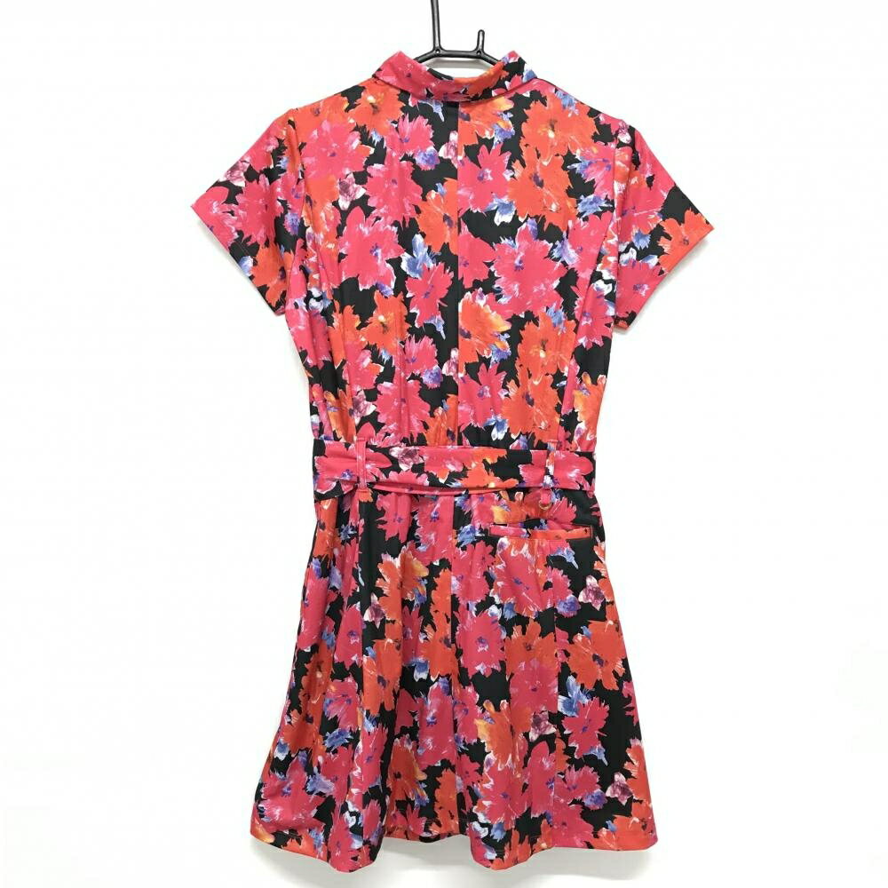 【超美品】リエンダスエルタ 半袖ポロワンピース レッド系×黒 花柄 スカート部裏地付 レディース M ゴルフウェア rienda suelta