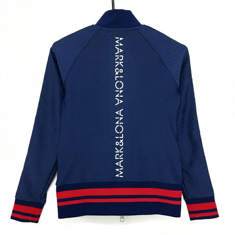 【超美品】マークアンドロナ ブルゾン ネイビー×レッド 斜めロゴ総柄地模様 バックロゴ レディース 36(S) ゴルフウェア MARK＆LONA