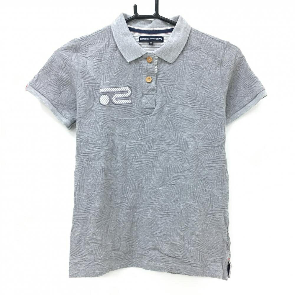 【超美品】ロサーセン 半袖ポロシャツ グレー×白 リーフ柄 凸凹生地 胸元ロゴ レディース M ゴルフウェ..
