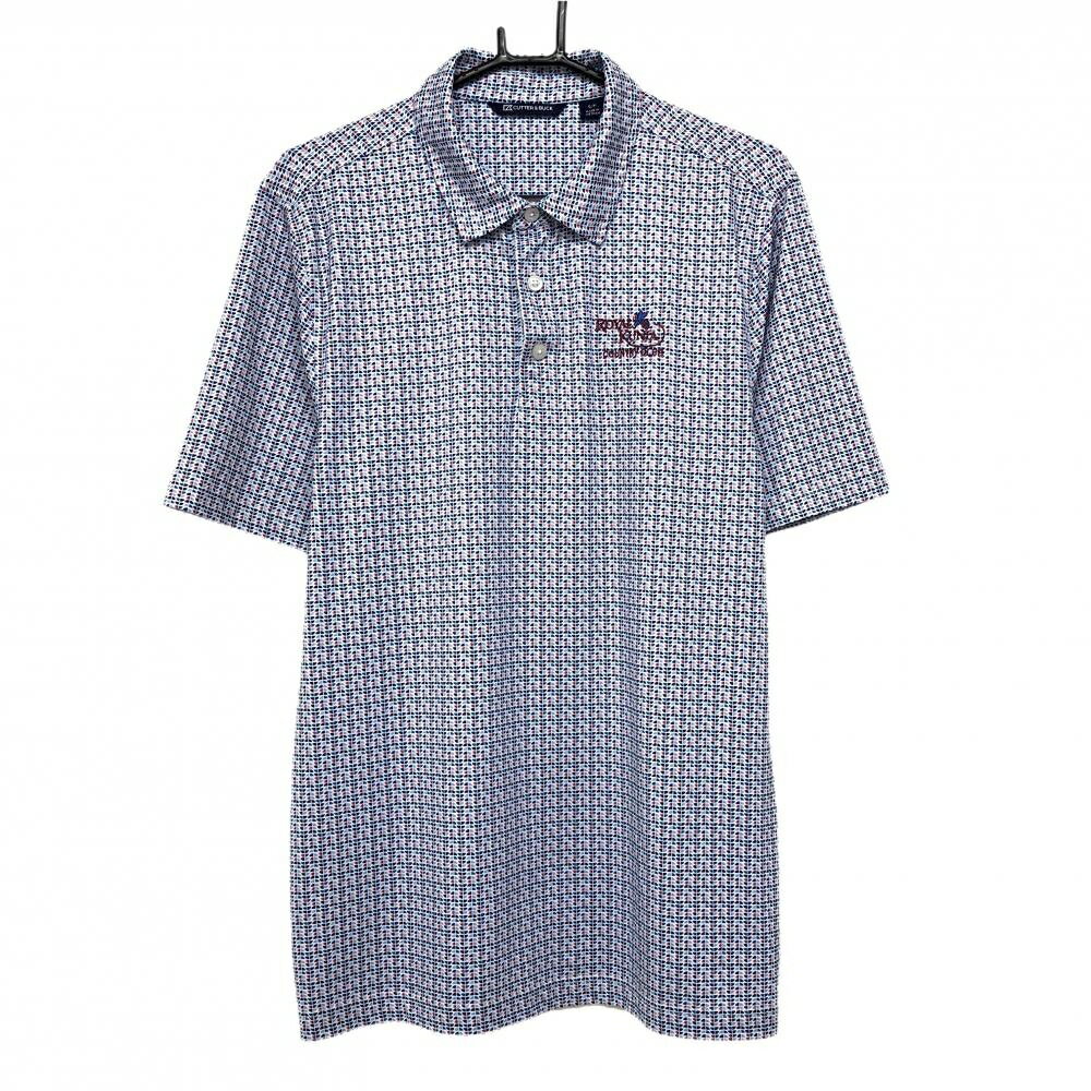 【超美品】カッターアンドバック 半袖ポロシャツ 白×ブルー×レッド 総柄 ROYAL KUNLA メンズ S/P ゴルフウェア CUTTER＆BUCK