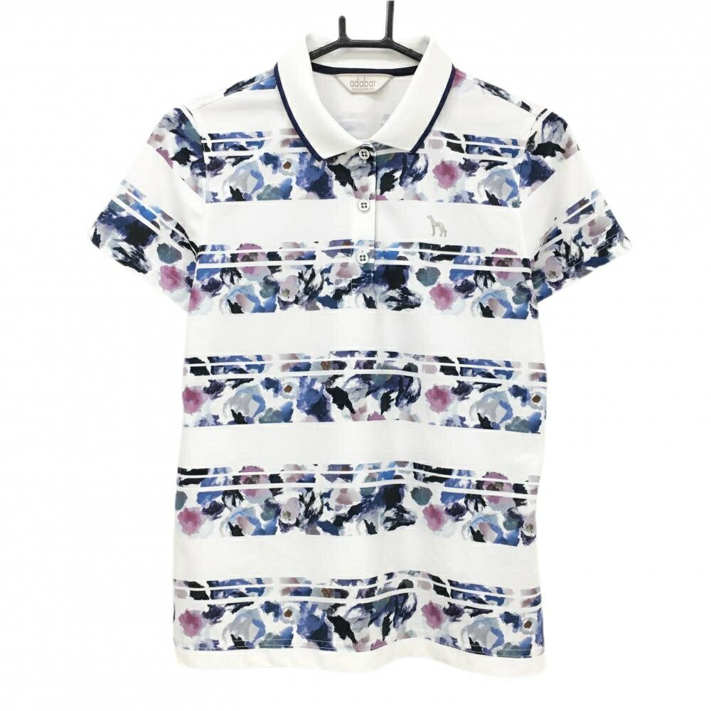 アダバット 半袖ポロシャツ 白×ネイビー 花柄 ボーダー調 レディース 40(L) ゴルフウェア adabat