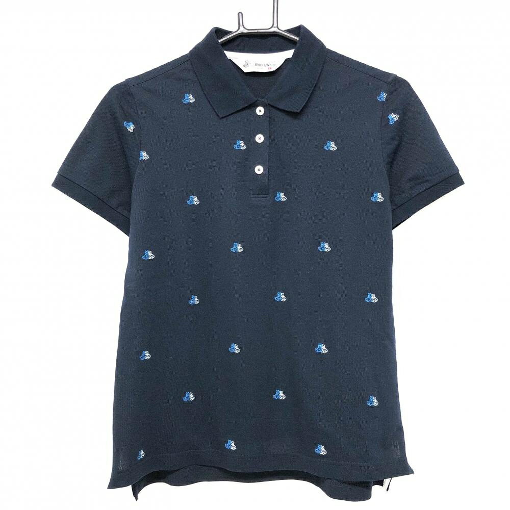 ブラックアンドホワイト 半袖ポロシャツ ネイビー×白 ロゴ総柄 レディース L ゴルフウェア Black＆White